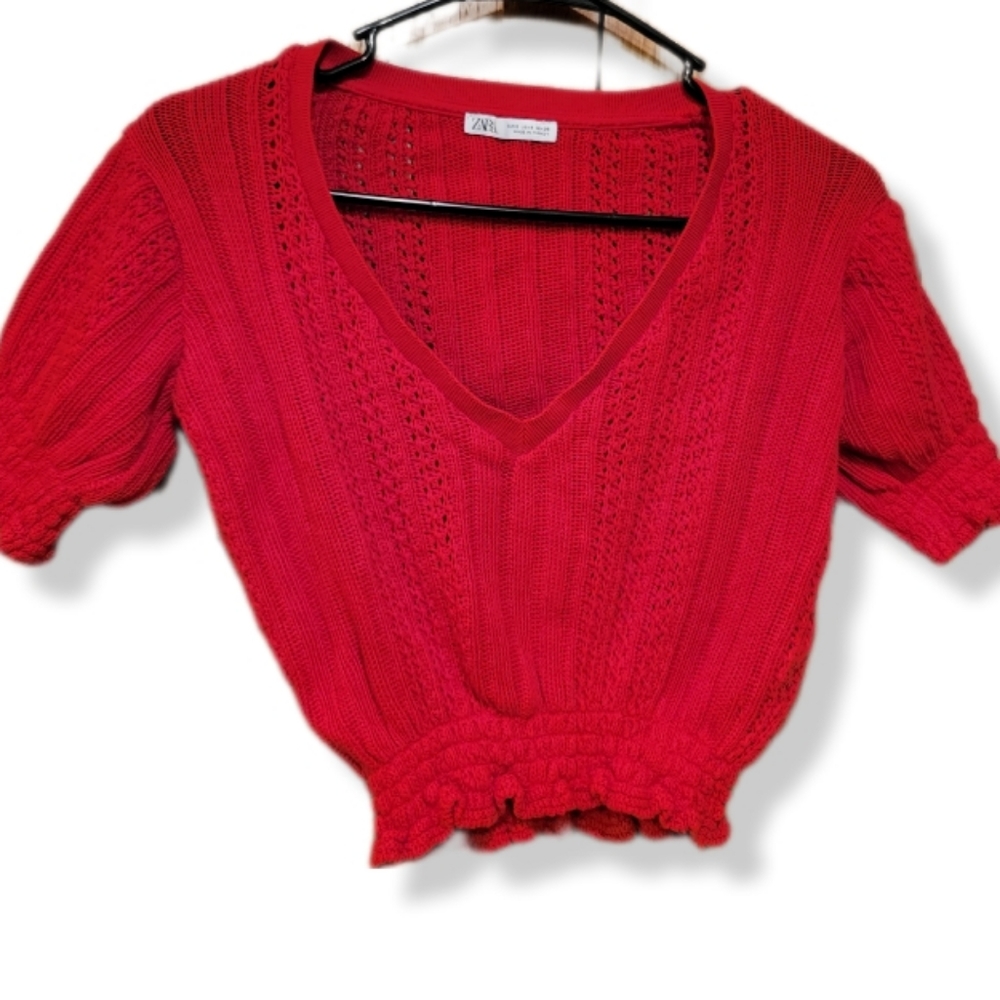 Zara Red V-Neck Knit Sweater Top